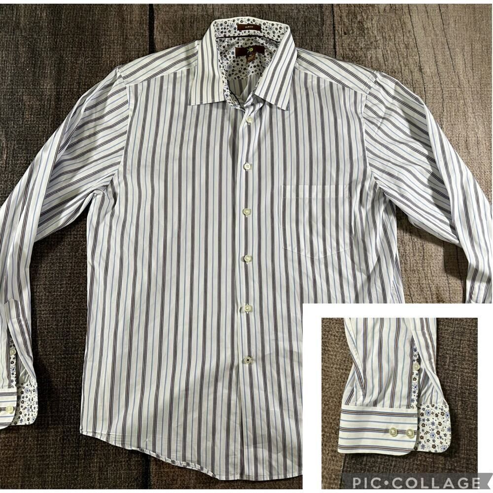 Egara Dress Shirt Mens XL Slim Fit Blue Brown White Striped L/ Sleeve